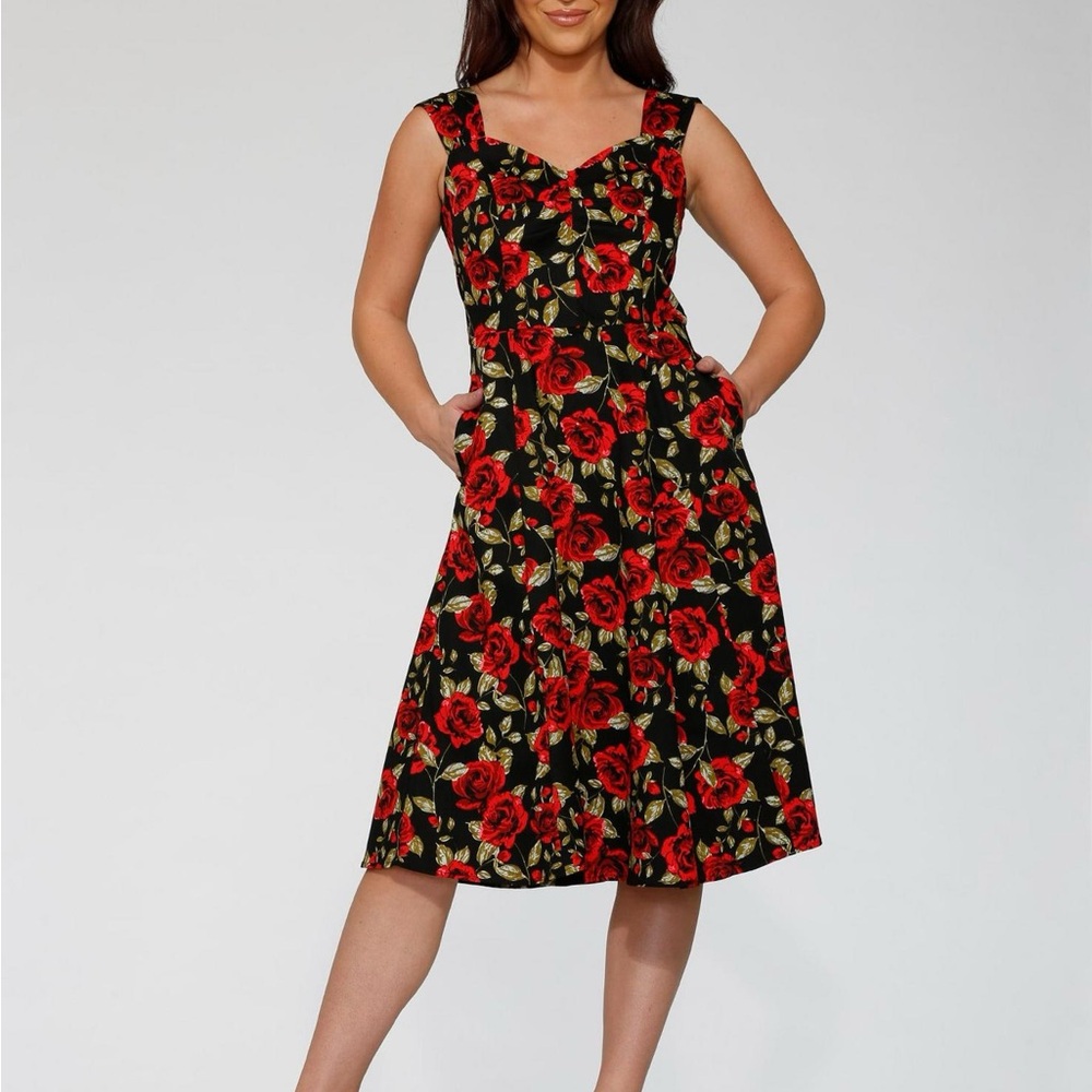 Sleeveless Black Midi Dress with Red Rose Print and Pockets